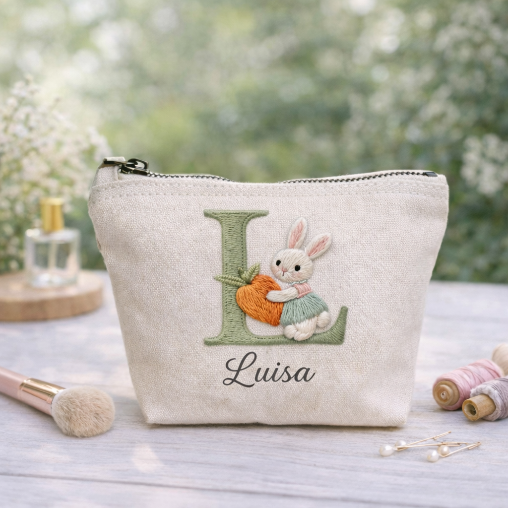 Handgestickte Kosmetiktasche S mit Hase und Initial A–Z Name Unikat Ostern Geschenk
