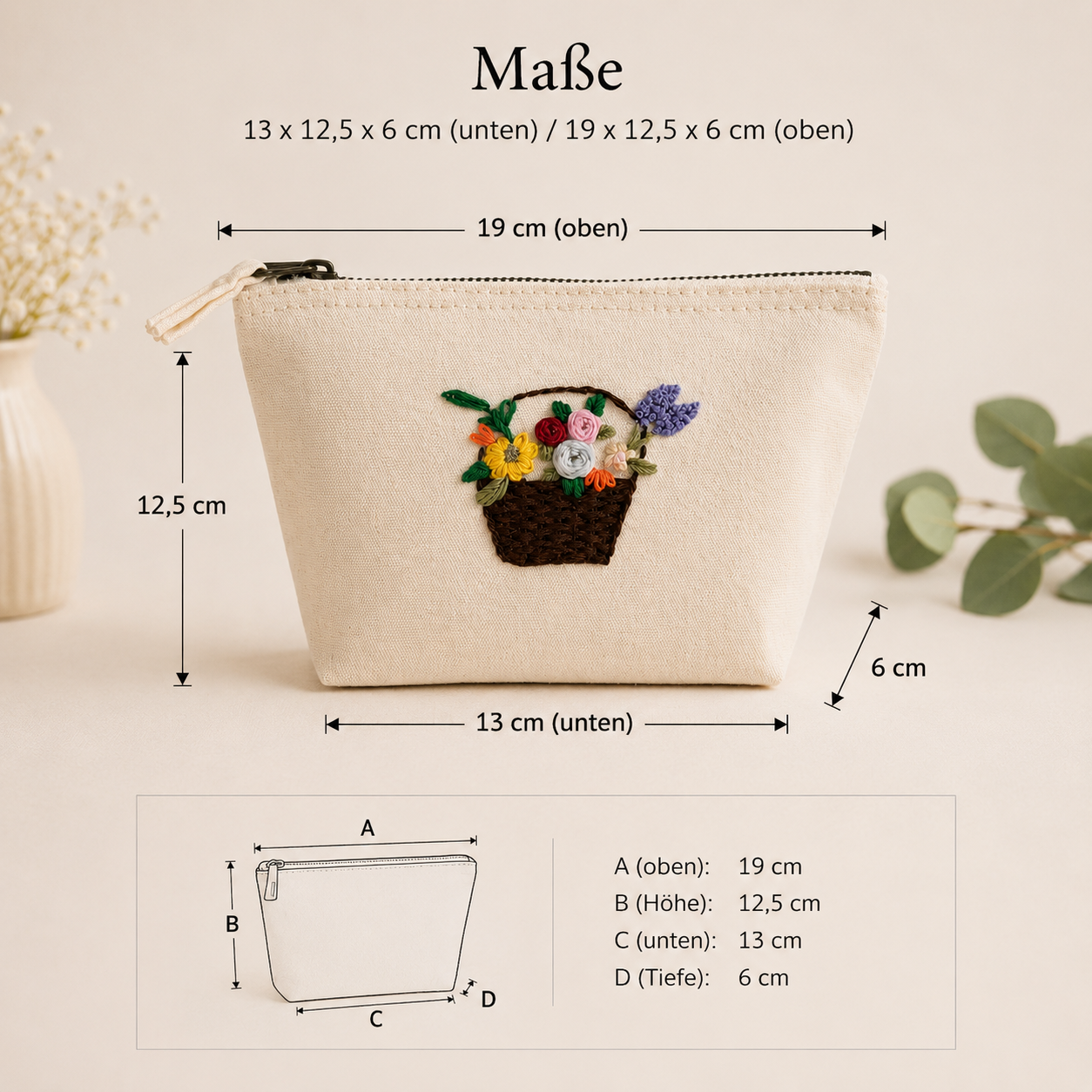 Kosmetiktasche „Blumenkorb“ Beige Canvas – Schminktasche Make-up Tasche Geschenk Muttertag