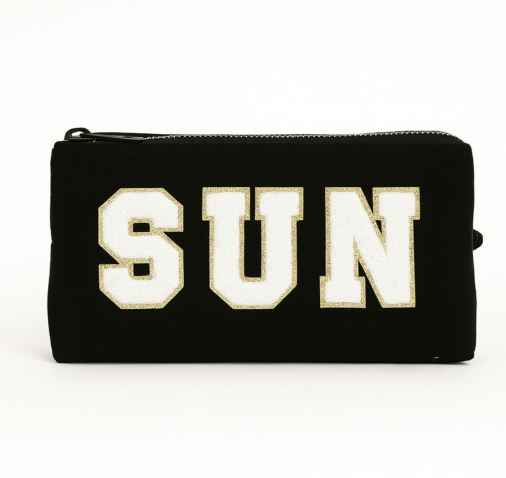 Reisetaschen Zubehörtaschen mit „SUN“ Botschaft Beige Schwarz Geschenkidee