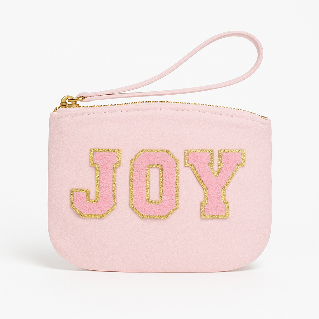 Kosmetiktasche Clutch mit „JOY“ Botschaft Rosa Beige Blau Schwarz Geschenkidee