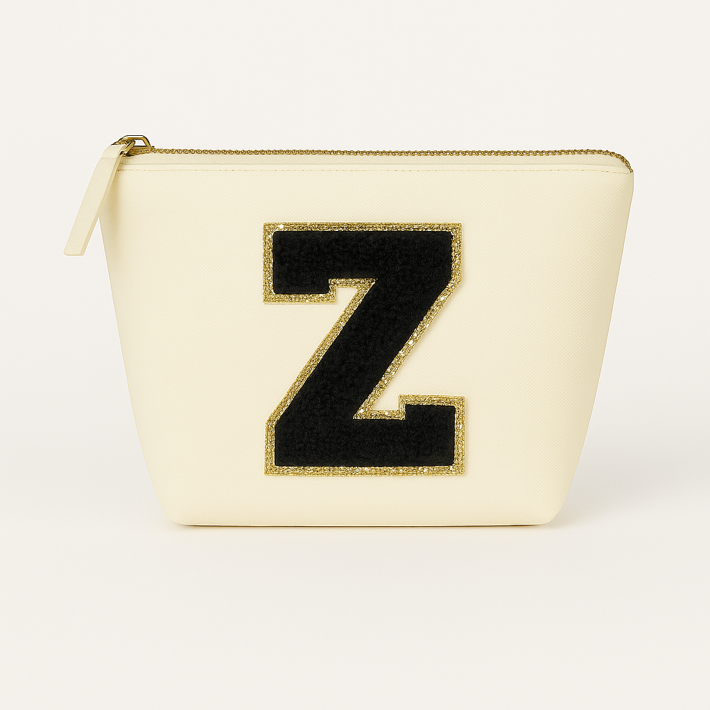 Kosmetiktasche S Beige • DIY Initiale Schwarz A–Z zum Kleben • Top Geschenkidee