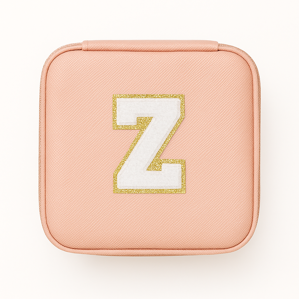 Personalisierbare Schmuckbox Rosa – Buchstabe A–Z Weiß mit Goldrand – DIY Reise
