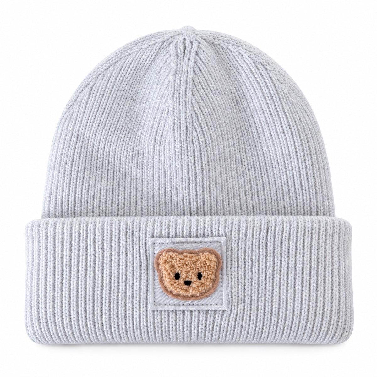 Kinder Beanie mit Teddy Bär Patch – Nachhaltige warme Mütze, handveredelt, Rosa & Grau