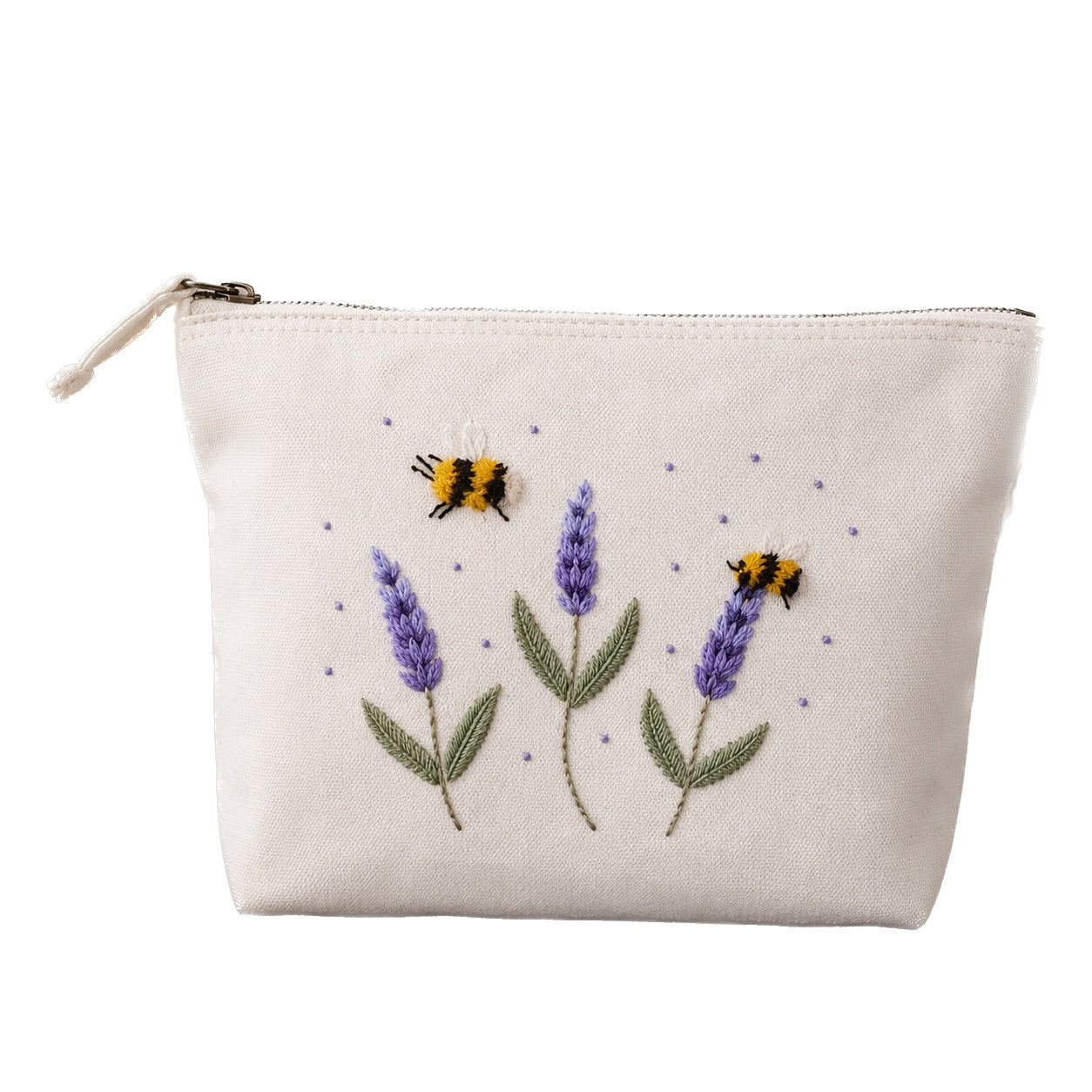 Handbestickte Canvas Kosmetiktasche Damen – Lavendel & Hummel Stickerei – Hochwertige Schminktasche aus Baumwolle mit Reißverschluss – Kulturbeutel Reise Organizer – Handmade Geschenk für Frauen