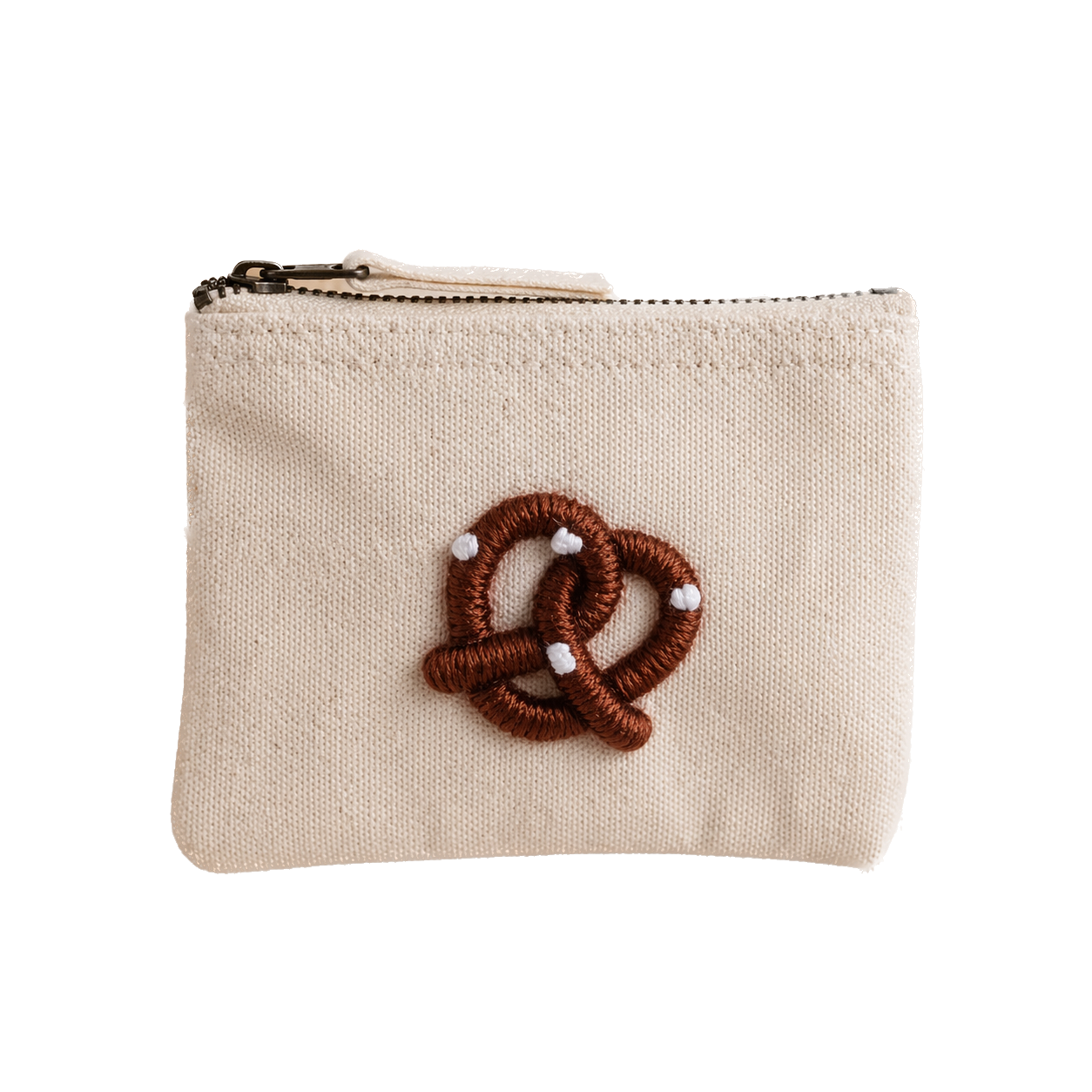 beige Handbestickte Geldbörse mit Brezel – Baumwolle Münztasche Geldbeutel