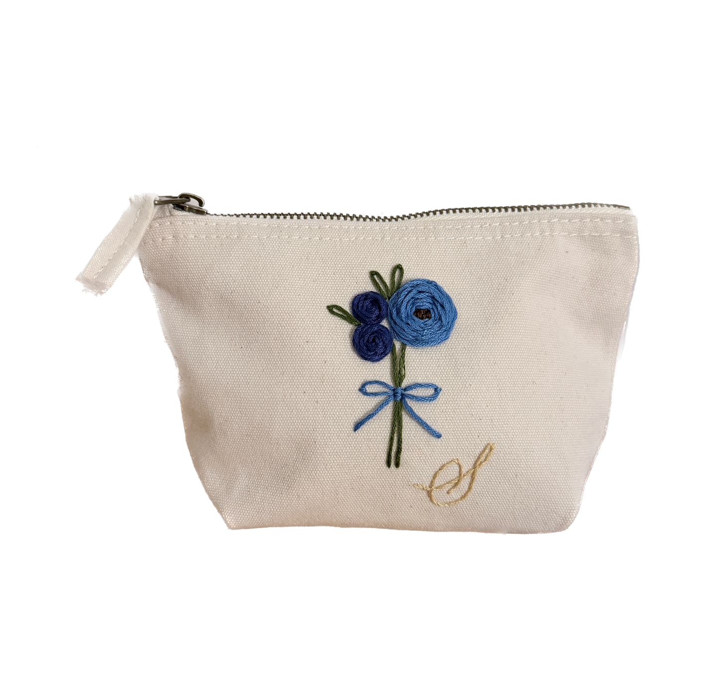 blau Handgestickte Kosmetiktasche S mit Rosen Schleife und Initial A–Z Unikat Geschenk