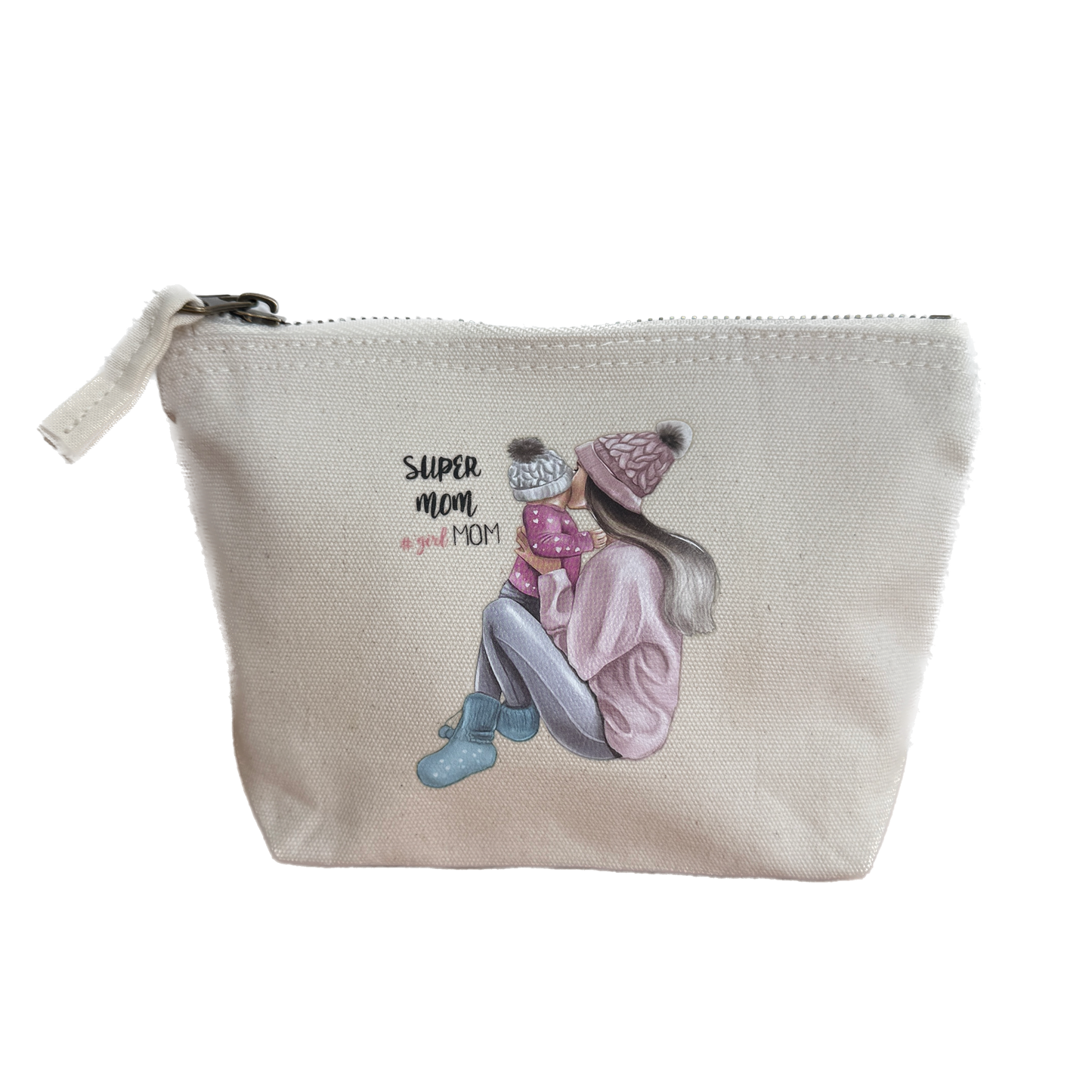 Kosmetiktasche „Super Mama“ Beige Canvas – Schminktasche Make-up Tasche Geschenk Muttertag