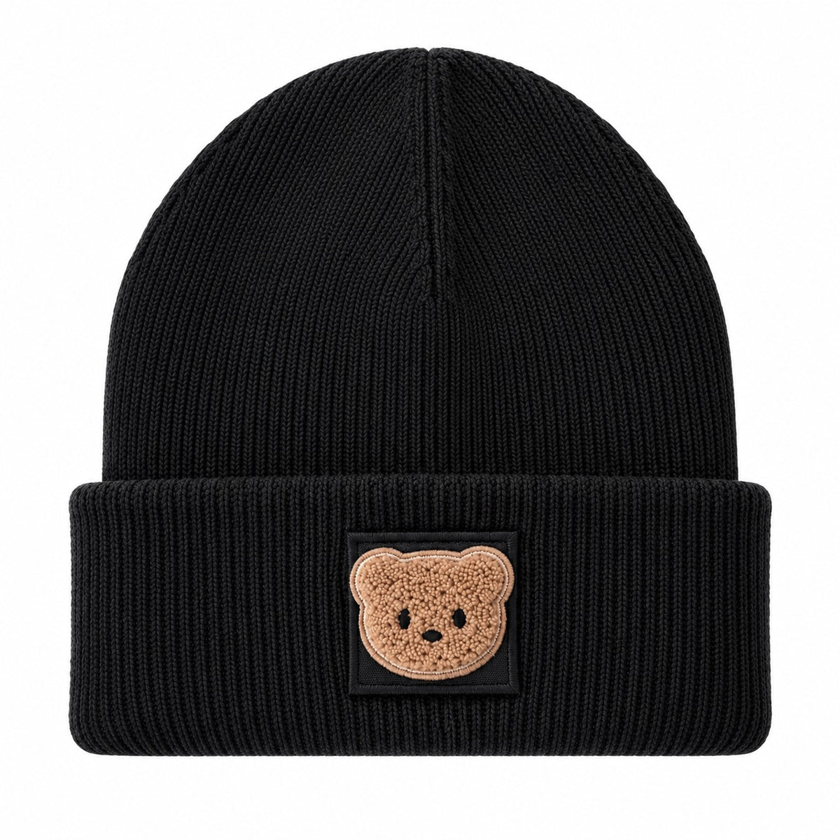 Beanie Strickmütze mit Teddy Bär Patch – Weiche Wintermütze mit Umschlag – Damen & Herren – Handveredelt Unisex