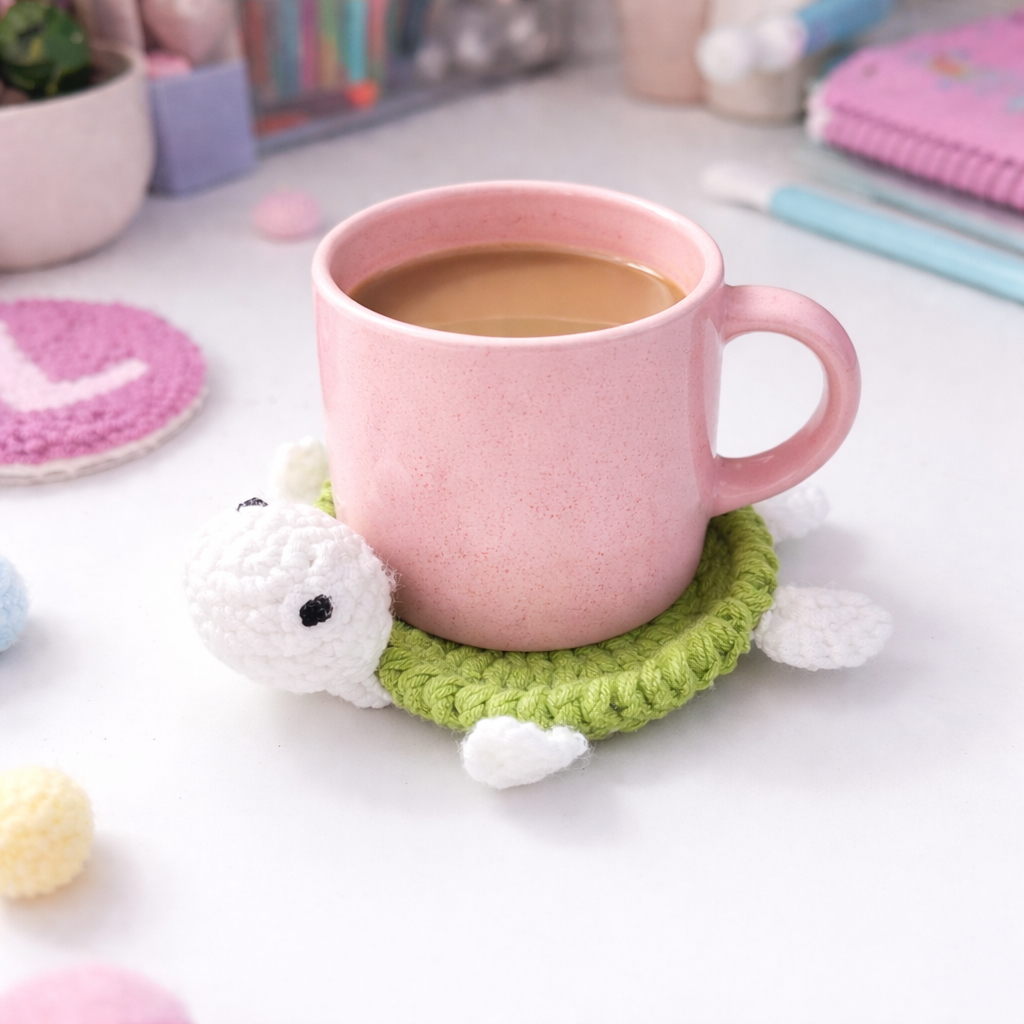 Süßer Schildkröten Untersetzer gehäkelt Handmade Coaster Grün Geschenk Idee Deko