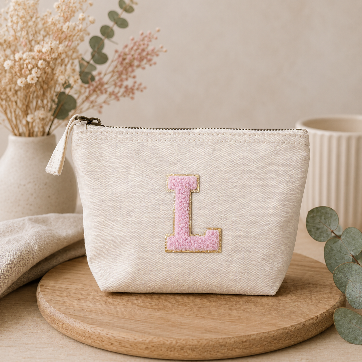 Rosa Initiale Beige Kosmetiktasche S • A–Z • Reise & Geschenkidee Buchstaben