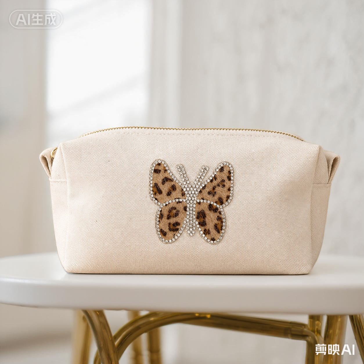 beige Kosmetiktasche S aus Baumwolle mit Bär Doppelherz Schmetterling leo | Kulturbeutel mit Reißverschluss | Make-up Tasche, Reiseorganizer, Geschenk für Frauen