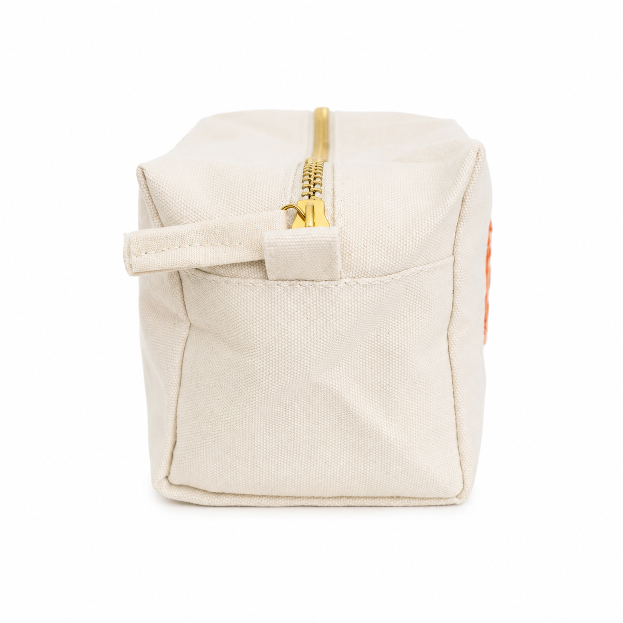 beige Kosmetiktasche L aus Baumwolle mit Happy | Kulturbeutel mit Reißverschluss | Make-up Tasche, Reiseorganizer, Geschenk für Frauen