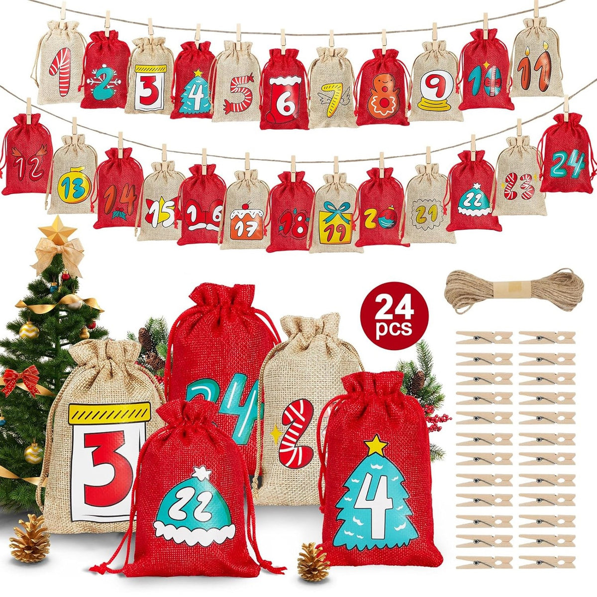 DIY Adventskalender 24 Tage – Frohe Weihnachten Set mit Patches & Shopper Tasche für Kinder