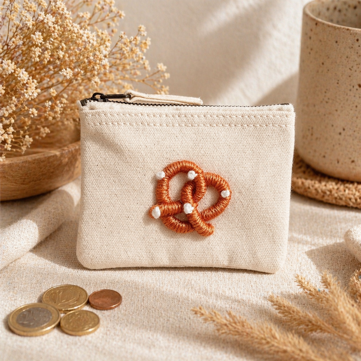 beige Handbestickte Geldbörse mit Brezel – Baumwolle Münztasche Geldbeutel