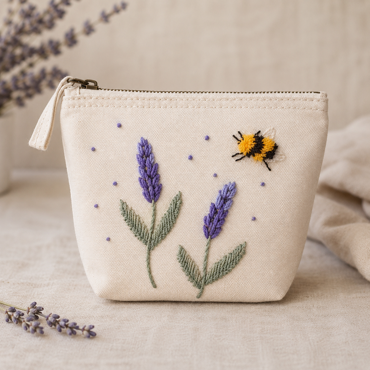 Handbestickte Canvas Kosmetiktasche Damen – Lavendel & Hummel Stickerei – Hochwertige Schminktasche aus Baumwolle mit Reißverschluss – Kulturbeutel Reise Organizer – Handmade Geschenk für Frauen