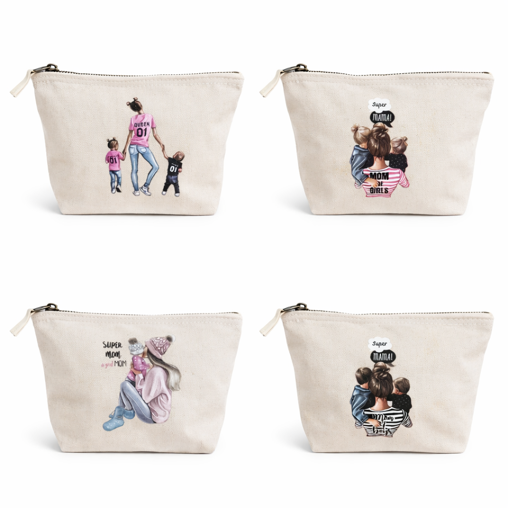 Kosmetiktasche „Super Mama“ Beige Canvas – Schminktasche Make-up Tasche Geschenk Muttertag