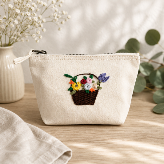 Kosmetiktasche „Blumenkorb“ Beige Canvas – Schminktasche Make-up Tasche Geschenk Muttertag