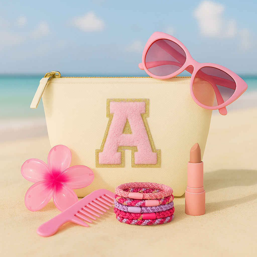 Pink Initiale Tasche Beige Kosmetiktasche S • A–Z • Reise & Geschenkidee Buchstaben