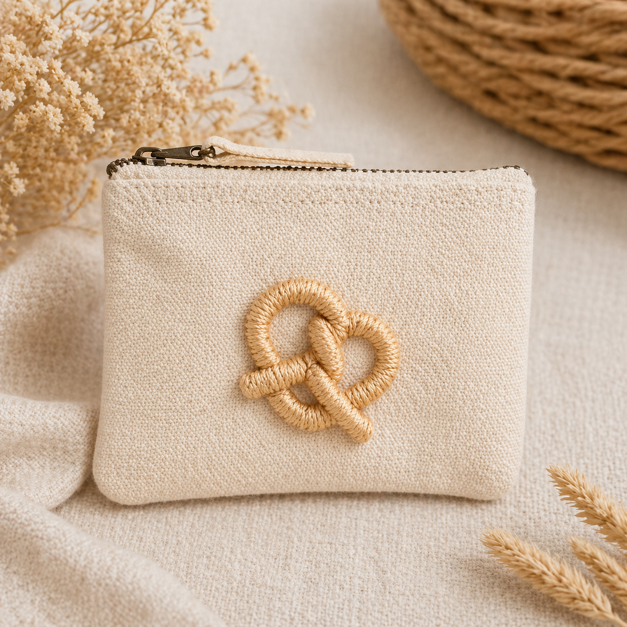 beige Handbestickte Geldbörse mit Brezel – Baumwolle Münztasche Geldbeutel