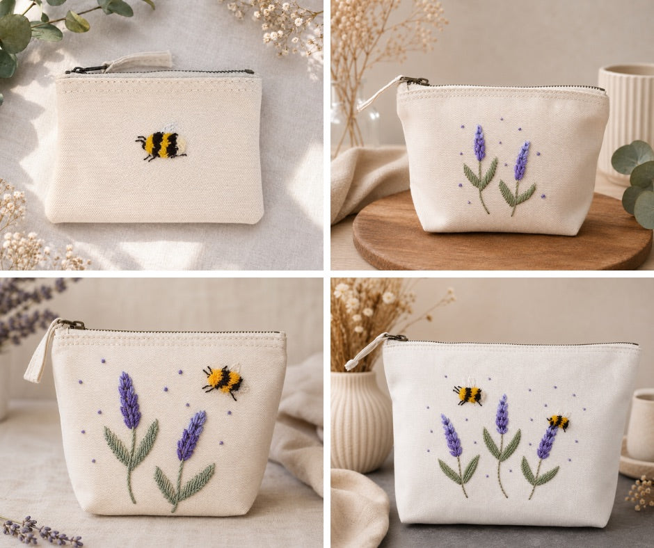 Handbestickte Canvas Kosmetiktasche Damen – Lavendel & Hummel Stickerei – Hochwertige Schminktasche aus Baumwolle mit Reißverschluss – Kulturbeutel Reise Organizer – Handmade Geschenk für Frauen