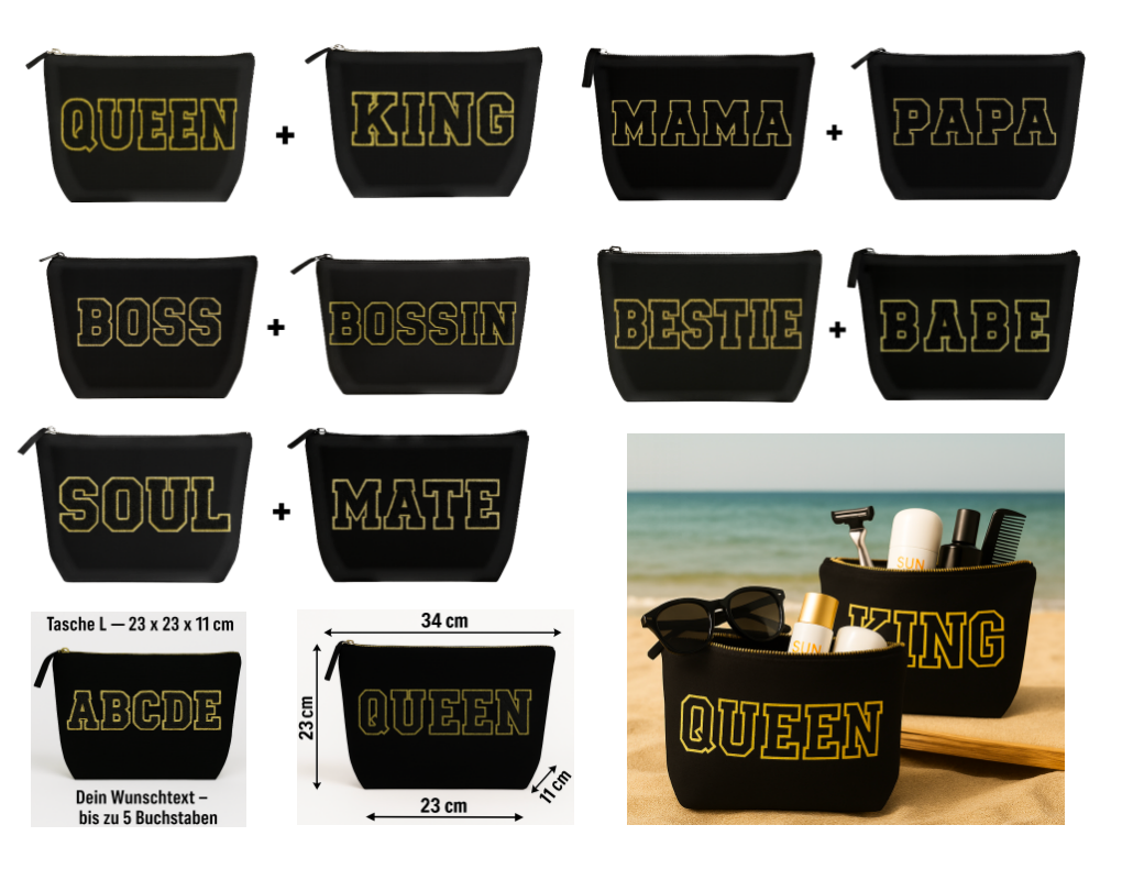 Kulturtasche mit Wunschtext Schwarz – DIY oder fertig – Queen/King/Mama/Papa/Set