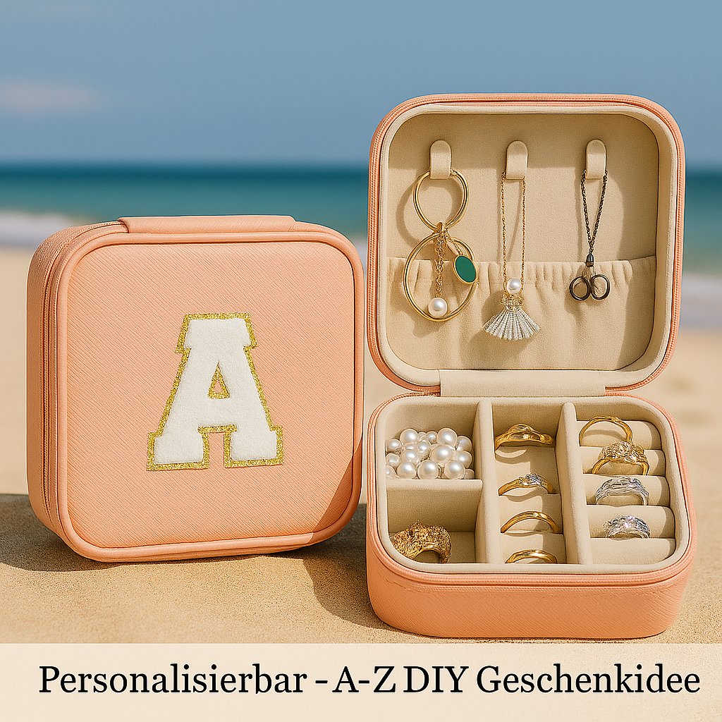 Personalisierbare Schmuckbox Rosa – Buchstabe A–Z Weiß mit Goldrand – DIY Reise