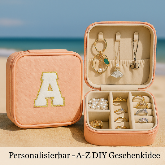 Personalisierbare Schmuckbox Rosa – Buchstabe A–Z Weiß mit Goldrand – DIY Reise