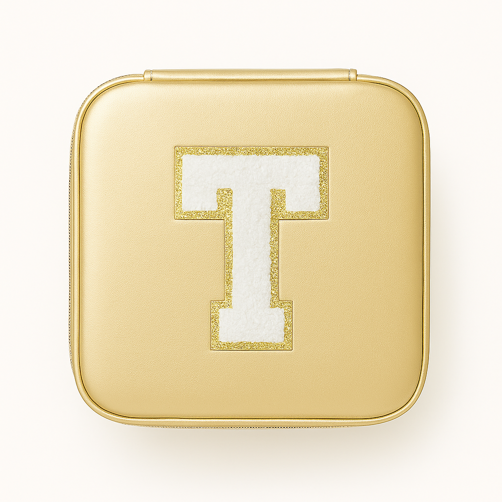 Schmuckbox Gold PU • DIY Initiale Weiß A–Z zum Kleben • Reise & Geschenkidee