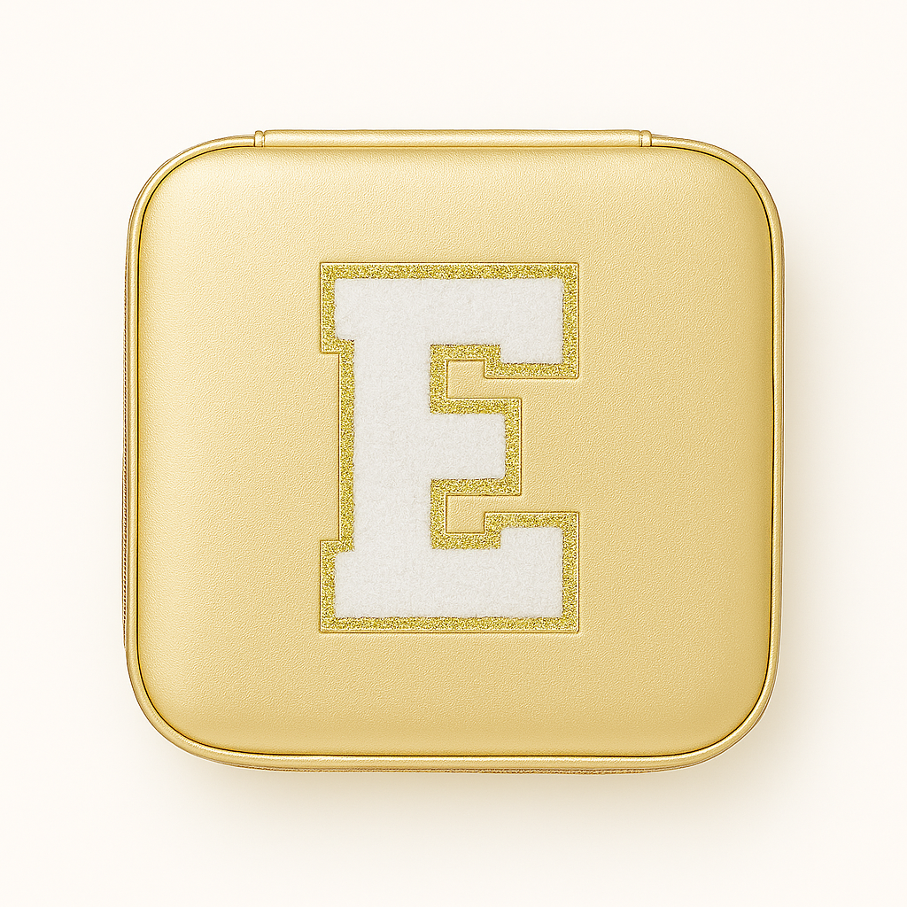 Schmuckbox Gold PU • DIY Initiale Weiß A–Z zum Kleben • Reise & Geschenkidee