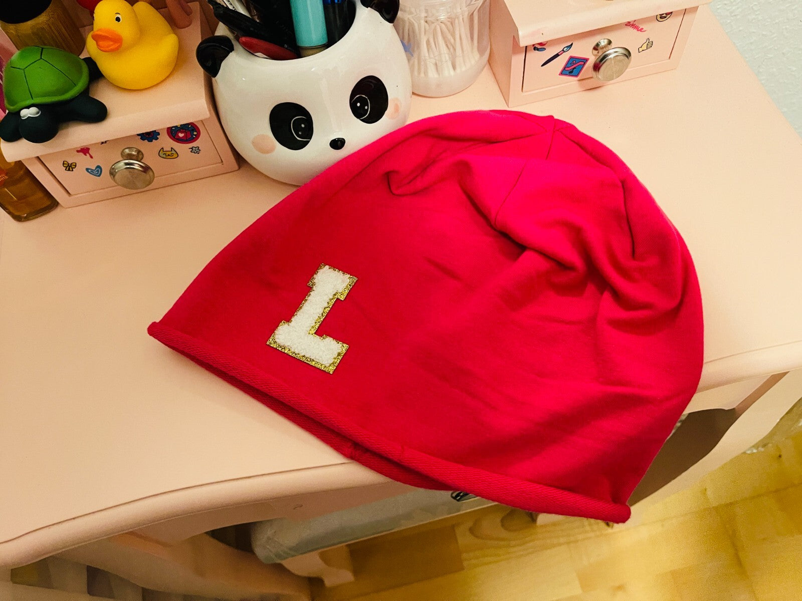 Initiale L Damen Jersey Beanie Summer schwarz pink grau blau