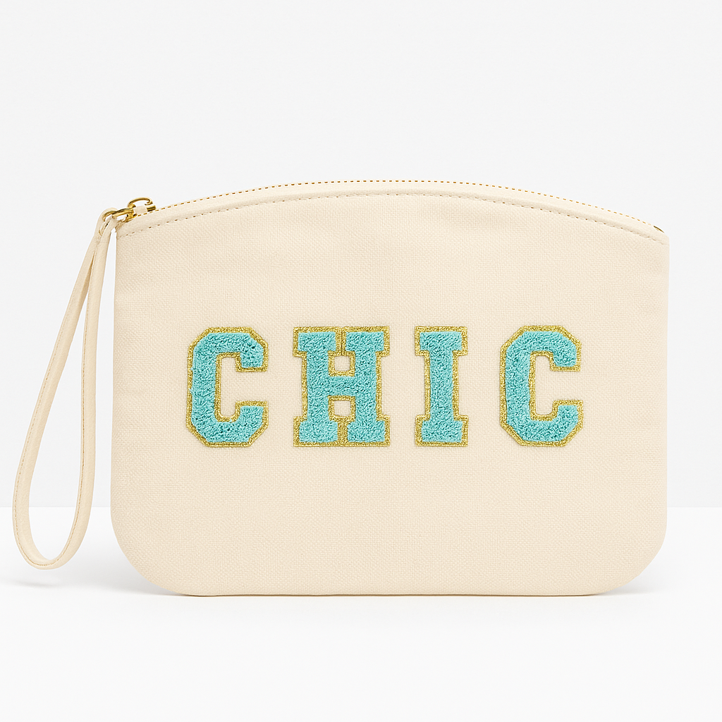 Kosmetiktasche Clutch mit „CHIC“ Botschaft Rosa Beige Blau Schwarz Geschenkidee