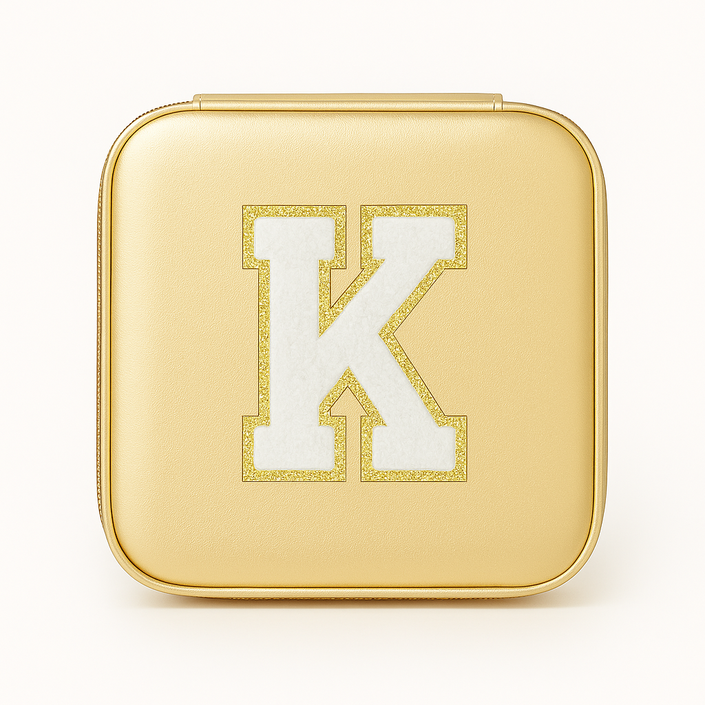 Schmuckbox Gold PU • DIY Initiale Weiß A–Z zum Kleben • Reise & Geschenkidee