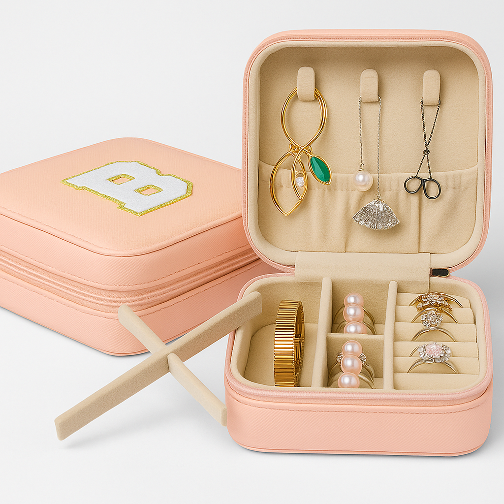 Personalisierbare Schmuckbox Rosa – Buchstabe A–Z Weiß mit Goldrand – DIY Reise