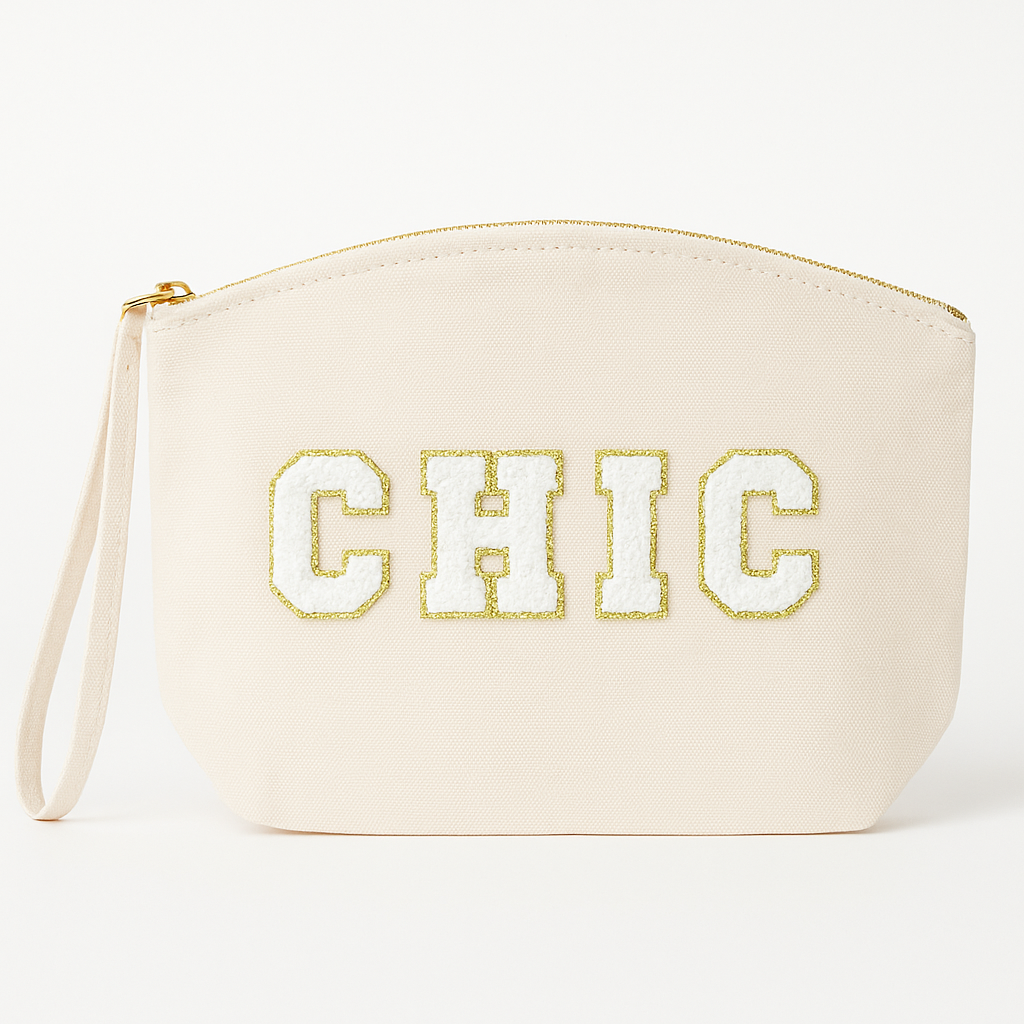 Kosmetiktasche Clutch mit „CHIC“ Botschaft Rosa Beige Blau Schwarz Geschenkidee