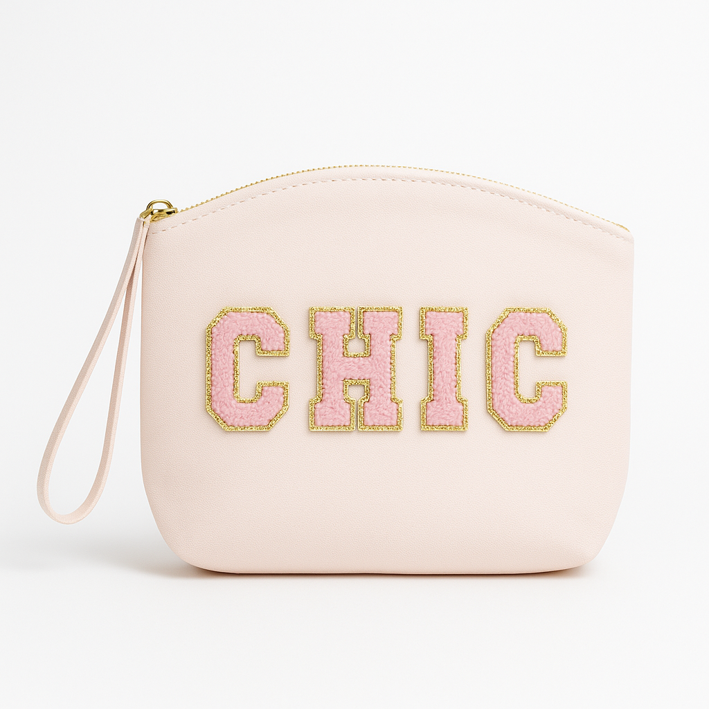 Kosmetiktasche Clutch mit „CHIC“ Botschaft Rosa Beige Blau Schwarz Geschenkidee