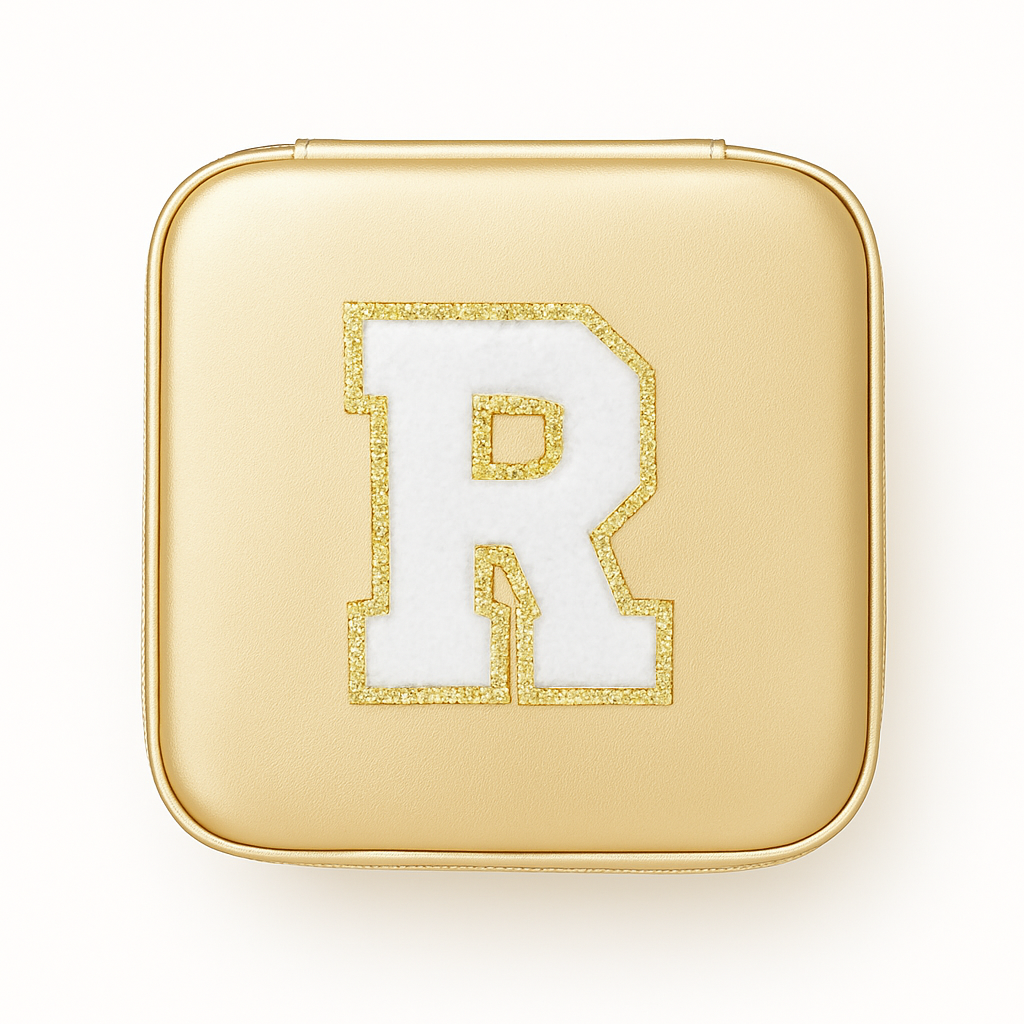 Schmuckbox Gold PU • DIY Initiale Weiß A–Z zum Kleben • Reise & Geschenkidee