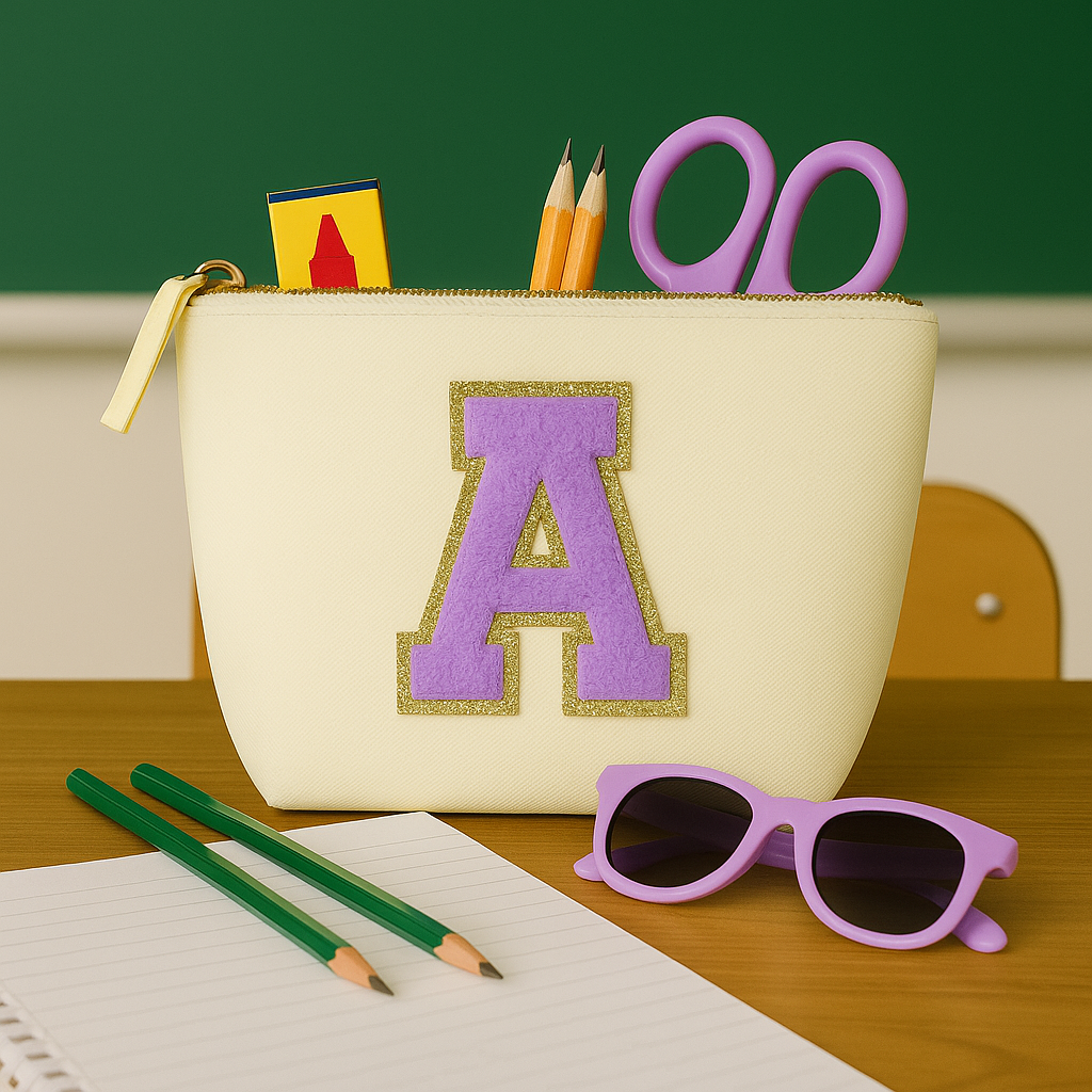 Kosmetiktasche S Beige • DIY Initiale Lila A–Z zum Kleben • Reise & Geschenkidee