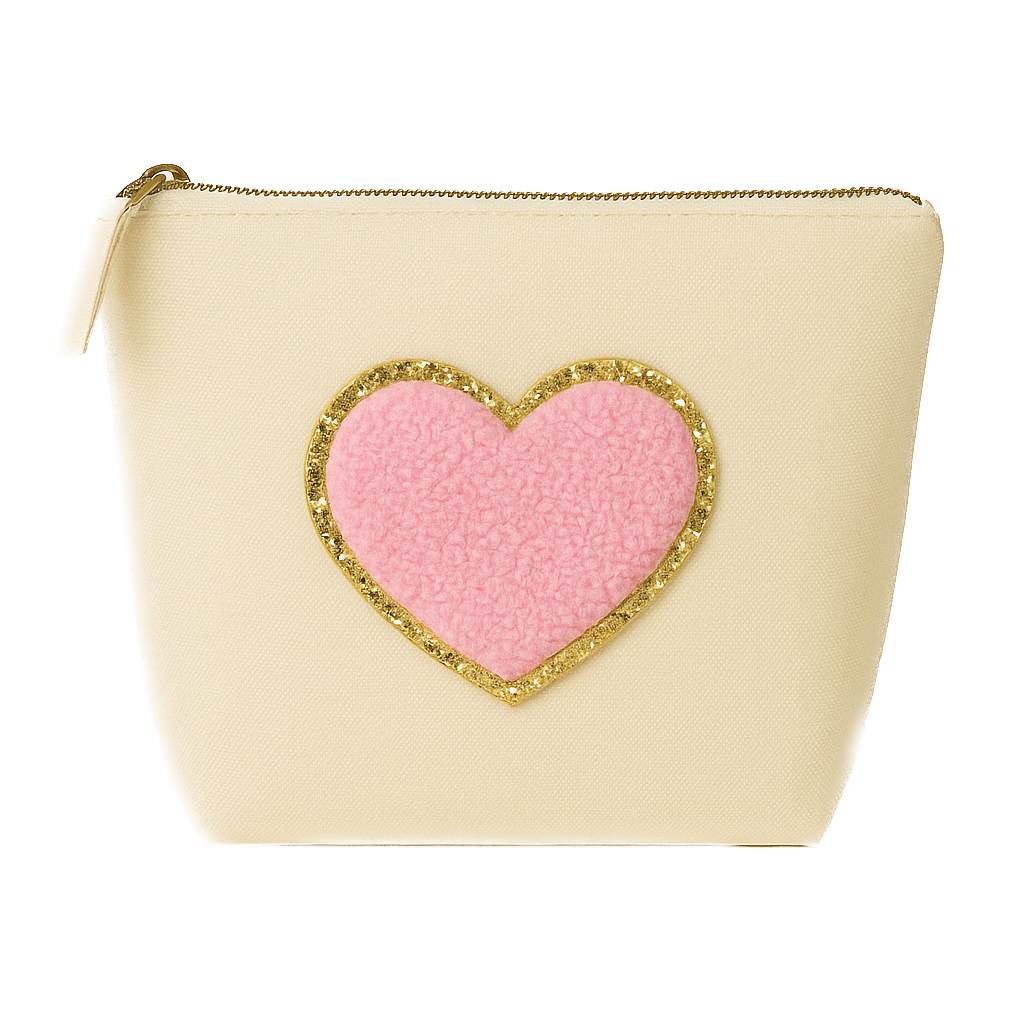 Kosmetiktasche S Beige – Herz Design – personalisiert – Handmade Geschenk