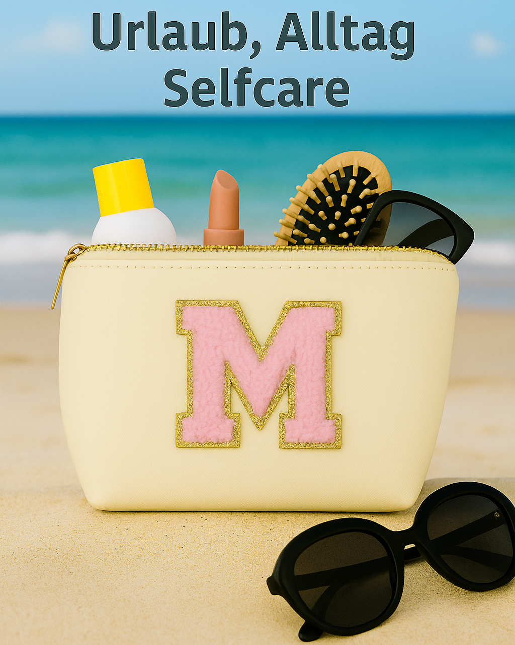 Kosmetiktasche S Beige • DIY Initiale Rosa A–Z zum Kleben • Reise & Geschenkidee