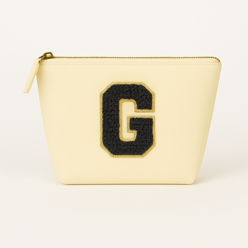 Kosmetiktasche S Beige • DIY Initiale Schwarz A–Z zum Kleben • Top Geschenkidee