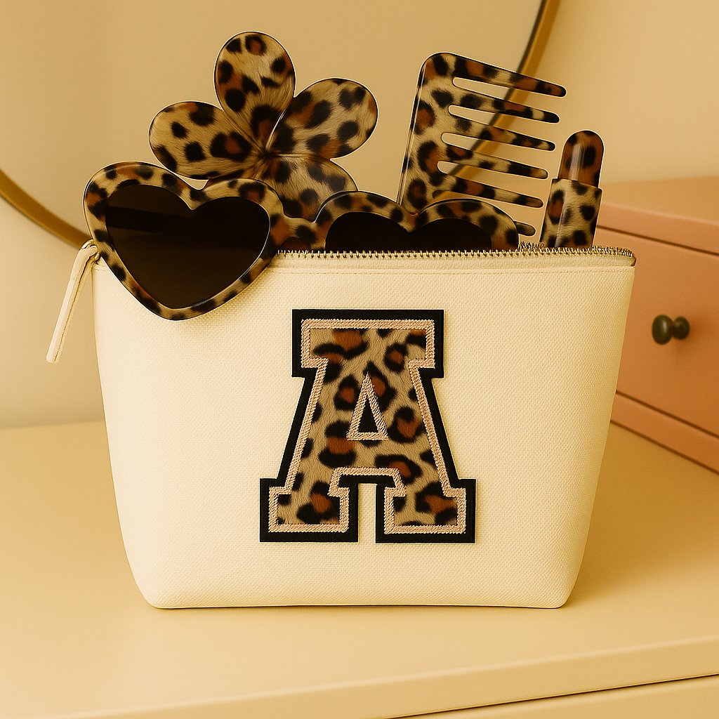 Kosmetiktasche S Beige • DIY Initiale Leo A–Z zum Aufbügeln • Geschenkidee