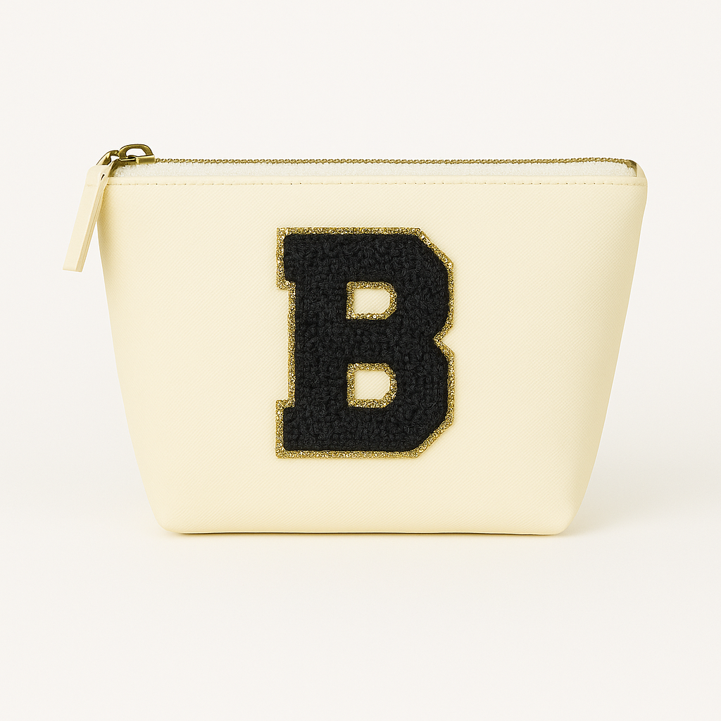 Kosmetiktasche S Beige • DIY Initiale Schwarz A–Z zum Kleben • Top Geschenkidee