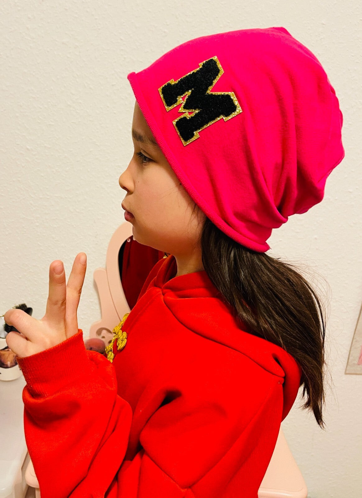 Initiale M Damen Jersey Beanie Summer schwarz pink grau blau