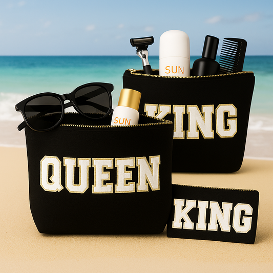 Kulturtasche mit Wunschtext in Weiß – DIY oder fertig – Queen/King/Mama/Papa/Set