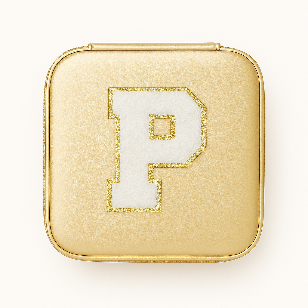 Schmuckbox Gold PU • DIY Initiale Weiß A–Z zum Kleben • Reise & Geschenkidee