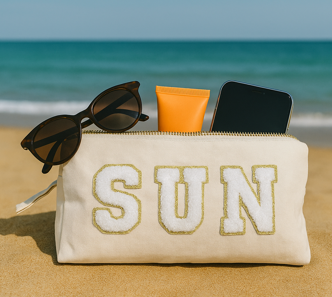 Reisetaschen Zubehörtaschen mit „SUN“ Botschaft Beige Schwarz Geschenkidee