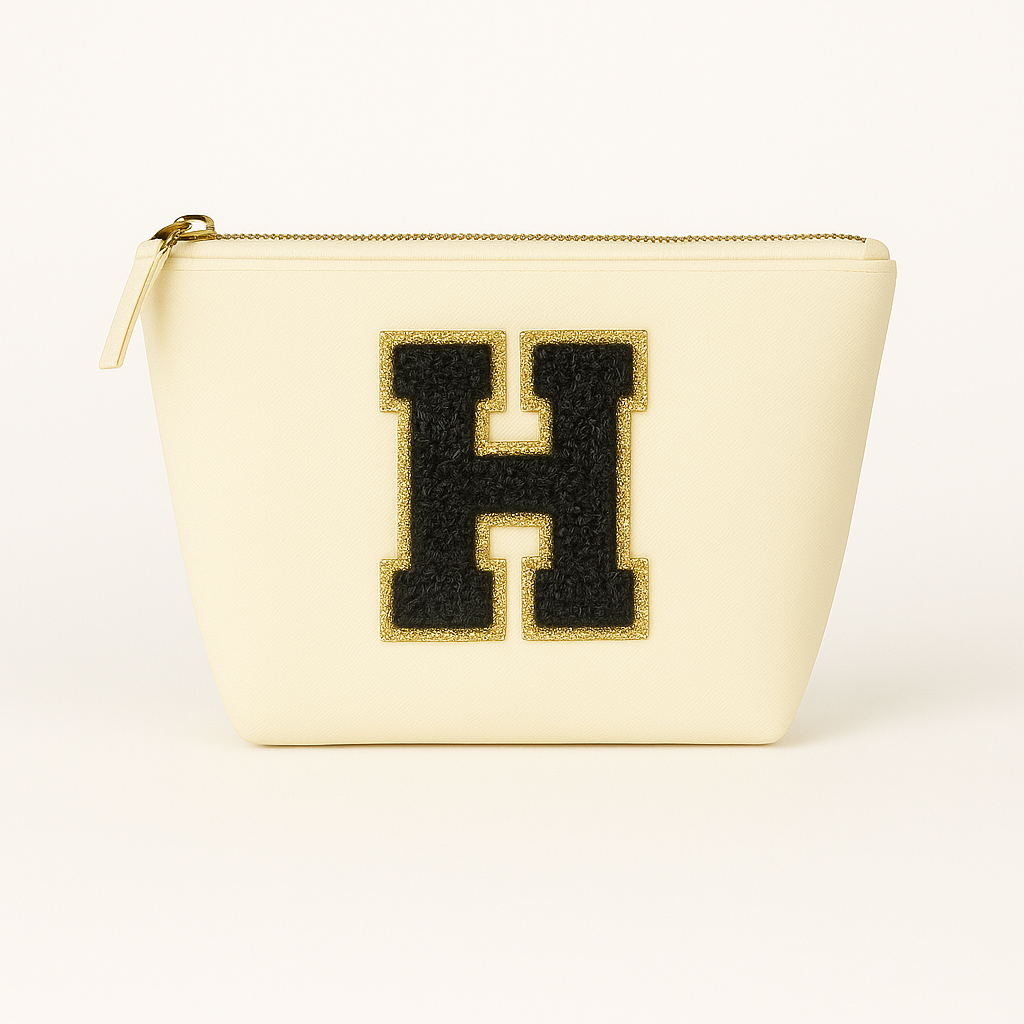 Kosmetiktasche S Beige • DIY Initiale Schwarz A–Z zum Kleben • Top Geschenkidee