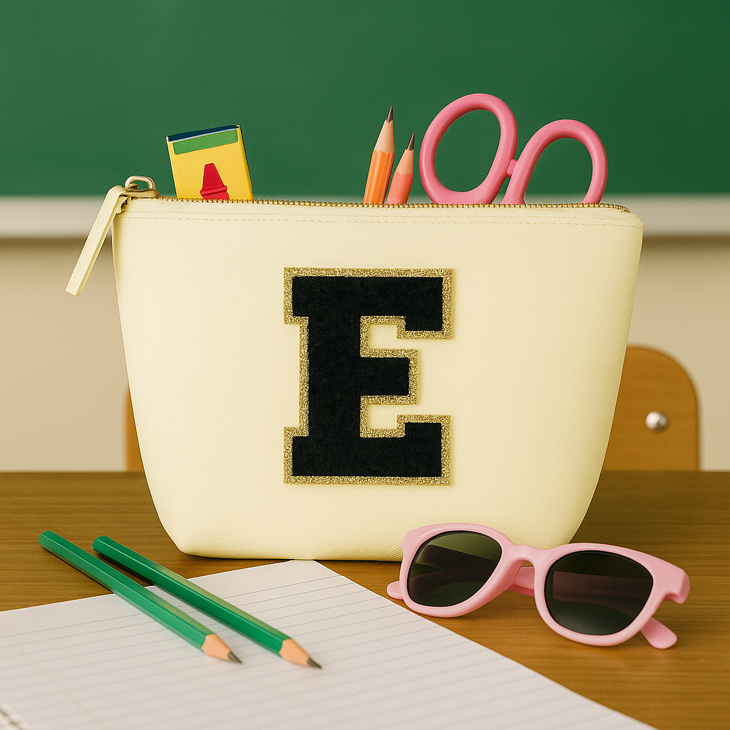 Kosmetiktasche S Beige • DIY Initiale Schwarz A–Z zum Kleben • Top Geschenkidee