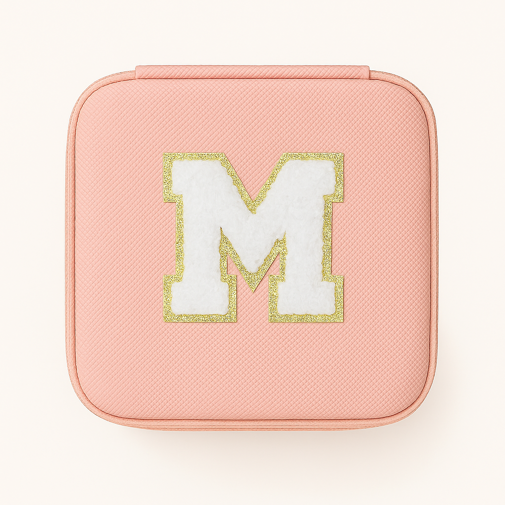 Personalisierbare Schmuckbox Rosa – Buchstabe A–Z Weiß mit Goldrand – DIY Reise