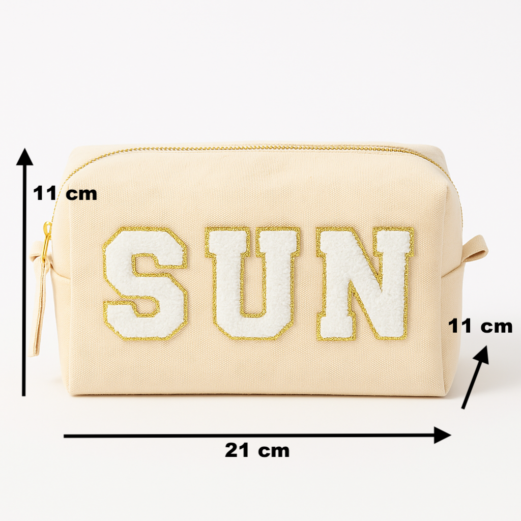 Reisetaschen Zubehörtaschen mit „SUN“ Botschaft Beige Schwarz Geschenkidee